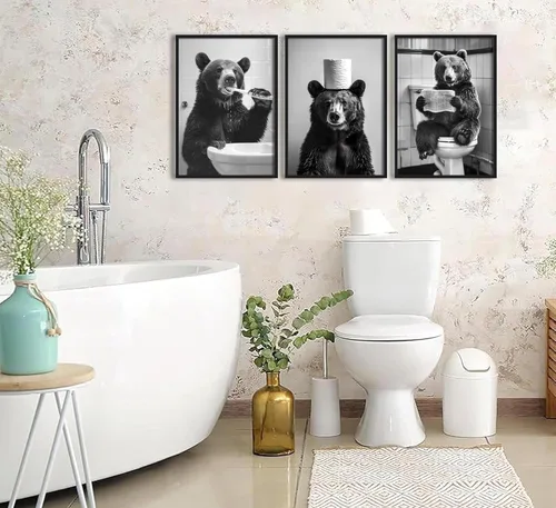 Vista 2 de Divertido lienzo de oso negro para baño, arte de pared moderno en blanco y negro, imágenes de adorable oso con impresiones de papel higiénico, obras