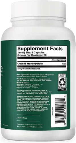 Vista 2 de Great Lakes Wellness Cápsulas de monohidrato de creatina, 180 unidades (suministro para 30 días), 5000 mg de creatina pura por porción, desarrolla