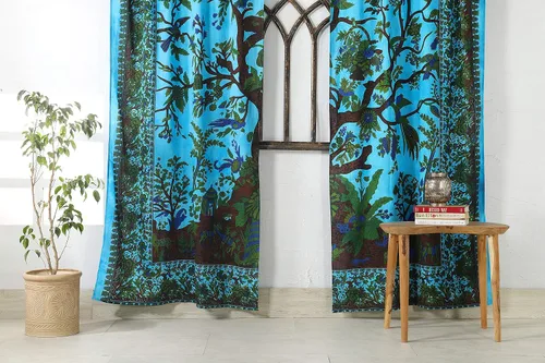 Vista 3 de Popular Handicrafts Paneles de Cortina Mandala Tie Dye del Hermoso Árbol de la Vida Hippie Bohemio Indio Turquesa