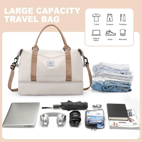 Vista 4 de Bolsas de fin de semana para mujer, bolsas de lona de viaje con compartimento para zapatos, bolsa de viaje para artículos personales, bolsa de fin