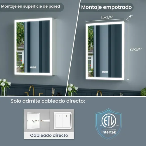 Vista 5 de Botiquín de 16 x 24 pulgadas con luces, marco de aleación AL, cableado, empotrado o montaje en pared, puertas de espejo/3