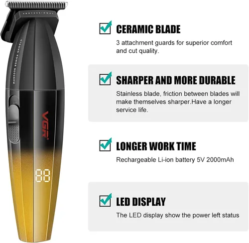 Vista 2 de VGR Cortadora de pelo profesional 906 Fresh Fade, 9000 rpm sin huecos para hombres, cortadora de pelo inalámbrica DLC T-Blade para barberos
