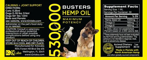 Vista 5 de Buster's - Aceite de cáñamo orgánico 530,000, paquete de 4 meses, suministro para perros y gatos, fabricado en Estados Unidos, Omega Rich 3, 6 y 9