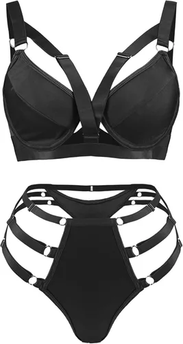 Vista 4 de Lilosy Conjunto de lencería con tiras de arnés vinculado con anillo sexy