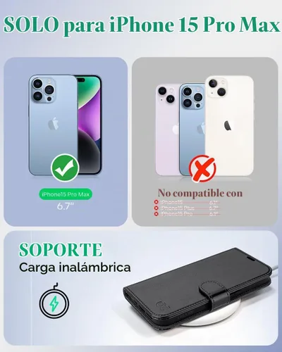 Vista 2 de OCASE Funda compatible con iPhone 15 Pro Max, funda tipo cartera de piel Negro