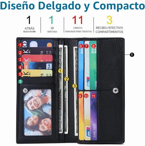 Vista 2 de GOIACII - Carteras para mujer con bloqueo de RFID, cuero ultradelgado, tarjetero, cartera de mano 1-Natural-A-Negro
