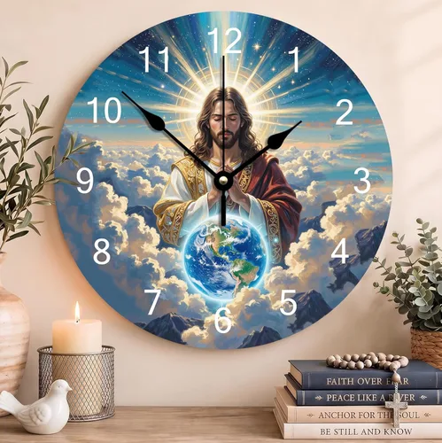 Vista 18 de Reloj de pared con versículo bíblico, con cita religiosa, reloj de madera, texto inspirador cristiano, reloj de madera rústico personalizado