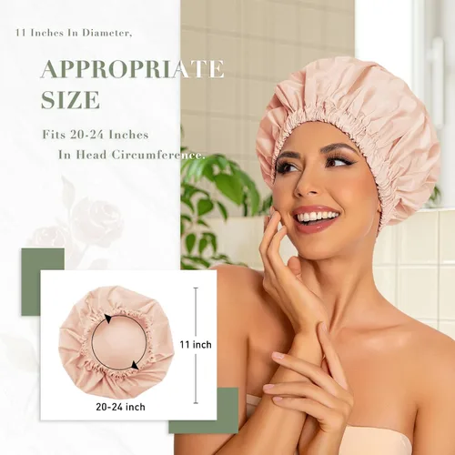 Vista 3 de Gorro de ducha reutilizable para mujer, grande, impermeable, lavable, banda elástica, accesorios de baño, sombrero para cabello largo, trenzas Beige