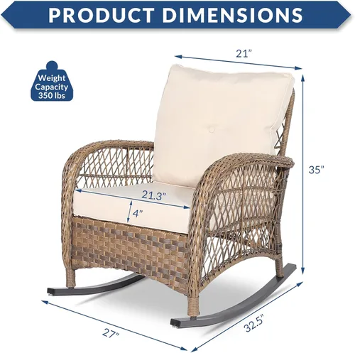 Vista 2 de Mecedora de mimbre para exteriores, silla mecedora de ratán para patio con marco de acero, silla mecedora para césped, muebles de patio, mimbre Beige