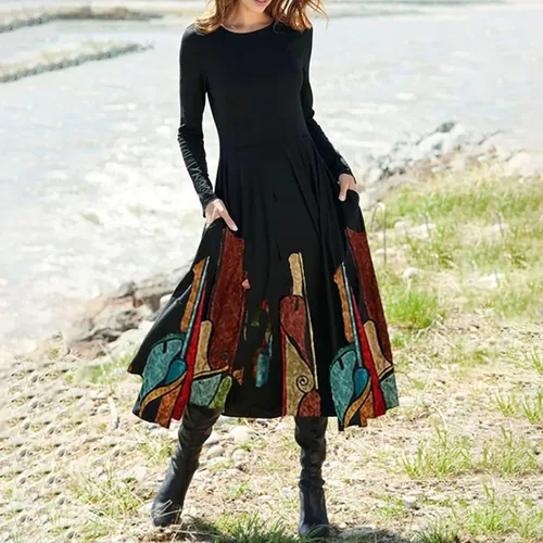 Vista 2 de TREBIN Vestido de invierno, vestido de manga larga con estampado casual y cuello redondo para mujer