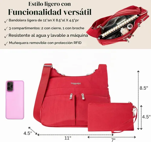 Vista 3 de Baggallini Crossbody Travel Bag 11x8.5 Lightweight Water-resistant Nylon Handbag Manzana