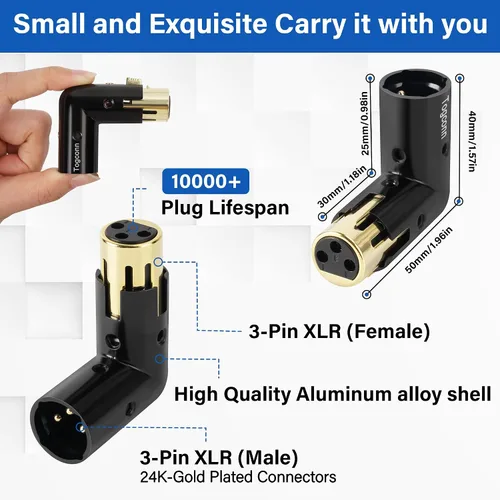 Vista 2 de Adaptador XLR de ángulo recto ajustable de 3 pines, conector de metal resistente chapado en oro XLR de 90 grados, extensor en forma de L