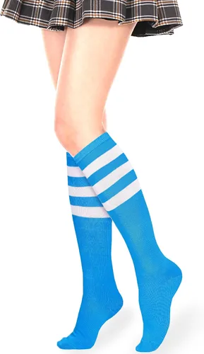 Vista 4 de Calcetines altos hasta la rodilla con 3 rayas para mujeres y niñas, estilo casual, diseño de rombos atléticos, calcetines largos hasta la rodilla