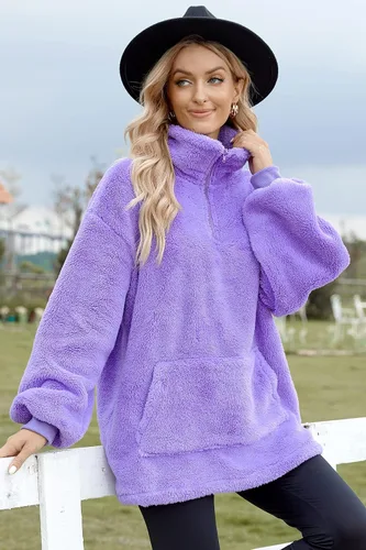 Vista 3 de Sudadera de forro polar mullido para mujer, con cierre de oso, cuello alto, de gran tamaño, con bolsillo