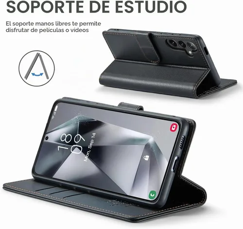 Vista 4 de FLIPALM Funda tipo cartera para Samsung Galaxy S25 Plus/S25+, con bloqueo RFID para tarjeta de crédito, cubierta protectora de cuero PU con patas
