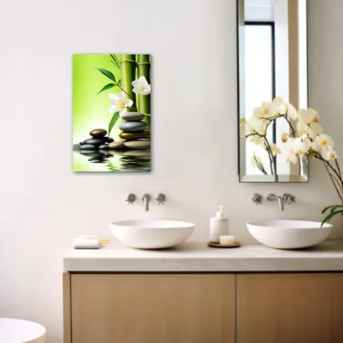 Vista 3 de LZIMU Arte de pared zen para decoración de baño, piedra zen, bambú y flores blancas, impresiones en lienzo de meditación zen para yoga, decoración