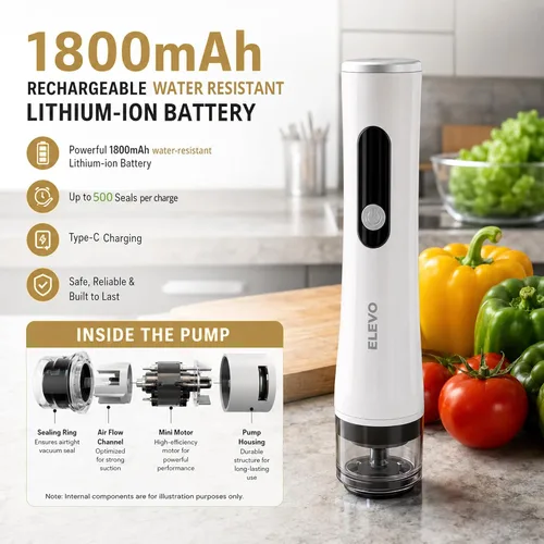 Vista 4 de ELEVO Sellador al vacío de mano para alimentos, sellador recargable de 1800 mAh (500 sellos/carga) con parada automática inteligente, 30 bolsas