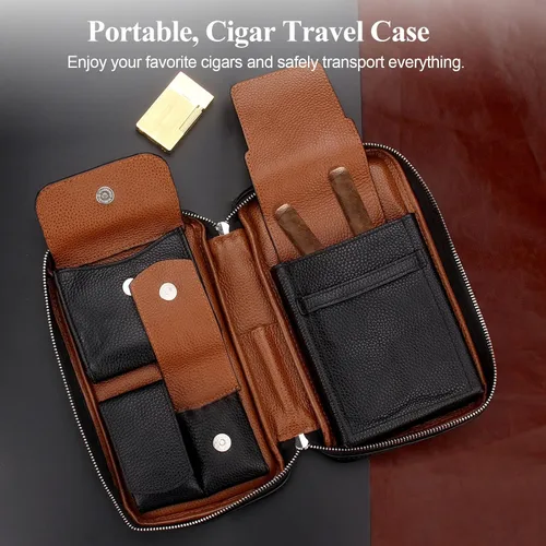 Vista 4 de FIREDOG Bolsa de cigarros, de cuero genuino, portátil, caja de cigarros para el día del padre, hombres, marido (capacidad para 5-6 puros, negro)