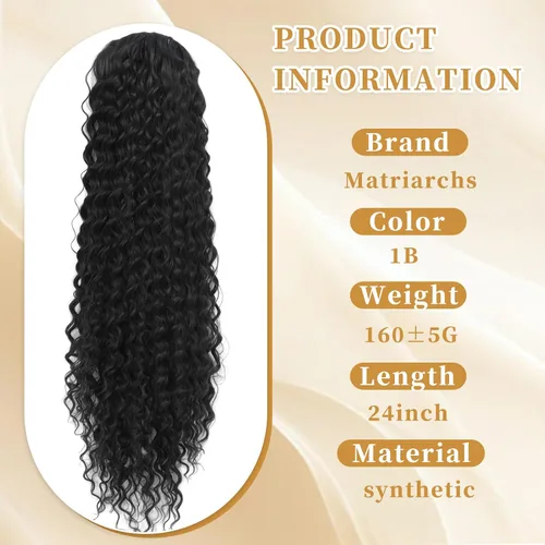 Vista 2 de Matriarchs Extensión de cola de caballo rizada de 24 pulgadas, cola de caballo con cordón para mujeres negras, sintética, larga, afro, rizada y 1b