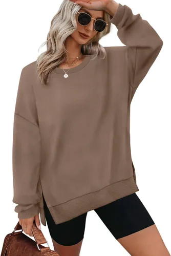 Vista 5 de XIEERDUO Sudaderas de gran tamaño para mujer, estilo casual, cuello redondo, manga larga, cómodas 01-Negro