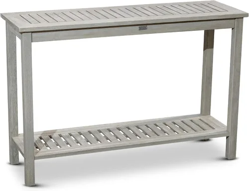 Vista 9 de DTY Outdoor Living Mesa consola de madera de eucalipto, dos estantes para exteriores, acabado marrón resistente a la intemperie