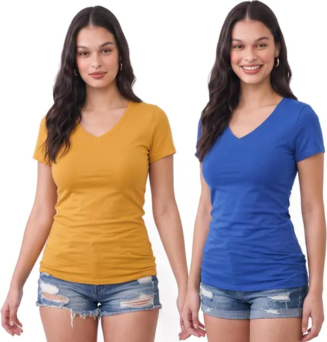 Vista 74 de Emmalise Camiseta de manga corta para mujer, cuello en V, tallas junior y plus