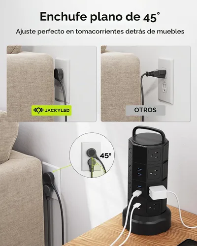 Vista 6 de Regleta de alimentación con protector de sobretensión de torre, JACKYLED 16 tomas 6 USB (2 USB C) estación de carga, cable de extensión con Negro