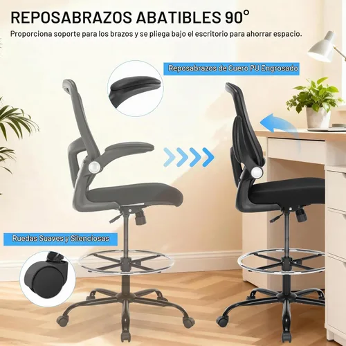 Vista 7 de Silla de dibujo, silla de oficina alta ergonómica con soporte lumbar, taburete de escritorio de pie con reposabrazos abatibles, cómoda silla