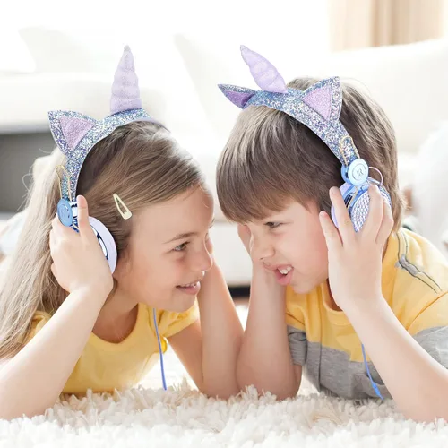 Vista 6 de TCJJ Unicorn - Auriculares con cable para niños con micrófono, conector de Azul