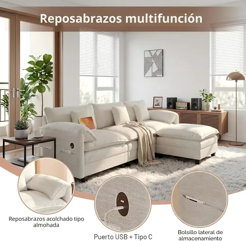 Vista 3 de KCGKCG Sofá modular seccional, cómodo sofá de nube de 108 pulgadas con otomana movible estación de carga bolsillo lateral almohada, sofás