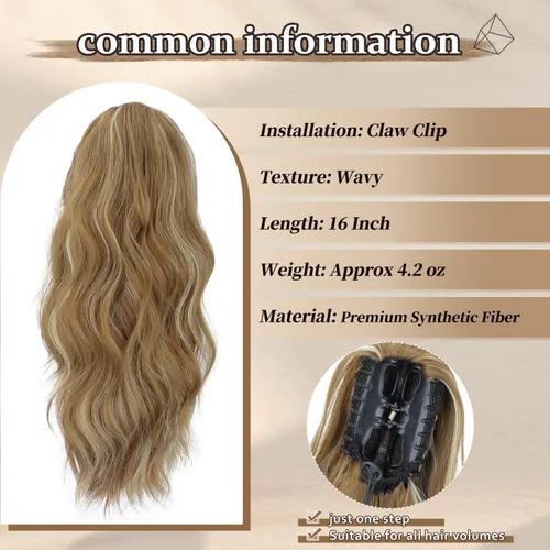 Vista 3 de FREEMEIGE Extensión de cola de caballo con clip de garra para mujer, extensiones de cabello sintético corto ondulado de cola de caballo de 16 27/613A