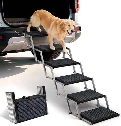 Vista 13 de Escaleras plegables para perros grandes, con superficie antideslizante, rampa ligera con capacidad para hasta 250 libras, 5 escalones
