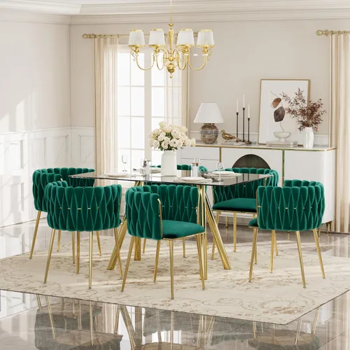 Vista 8 de Glam Style - Juego de mesa de comedor de 5 piezas para 4, mesa de comedor rectangular de vidrio templado de 51 pulgadas con base de metal dorado