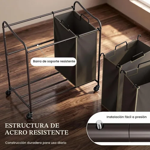 Vista 3 de Simple Houseware Carrito rodante clasificador de lavandería de 3 bolsas resistente, bronce