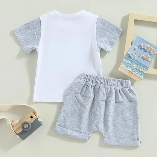 Vista 7 de CIYCUIT Conjunto de ropa de verano para bebé niño, camisa y pantalones cortos con estampado de letras