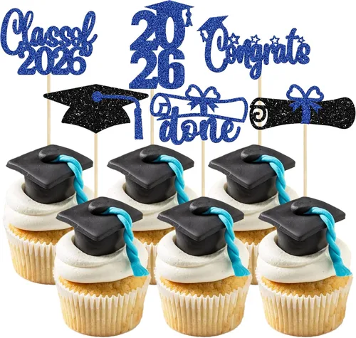 Vista 19 de Paquete de 24 adornos para cupcakes de clase 2026 con purpurina 2026 Felicidades Graduación Diploma Done Cupcake Picks 2026 Graduación Temática