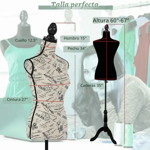 Vista 3 de Maniquí Torso Maniquí Forma Ajustable Cuerpo Manicano para Ropa, Maniquí Mujer de 60 a 67 pulgadas con Soporte Trípode Coser Forma de Vestido
