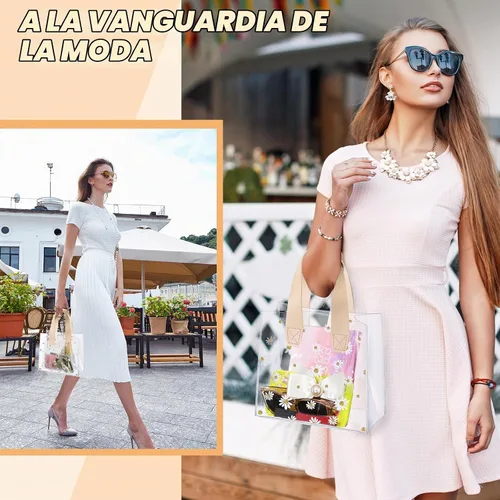 Vista 6 de Clysee - 24 bolsas de regalo transparentes con patrón de margaritas, bolsa de PVC transparente, color beige Reutilizable con asas para recuerdos
