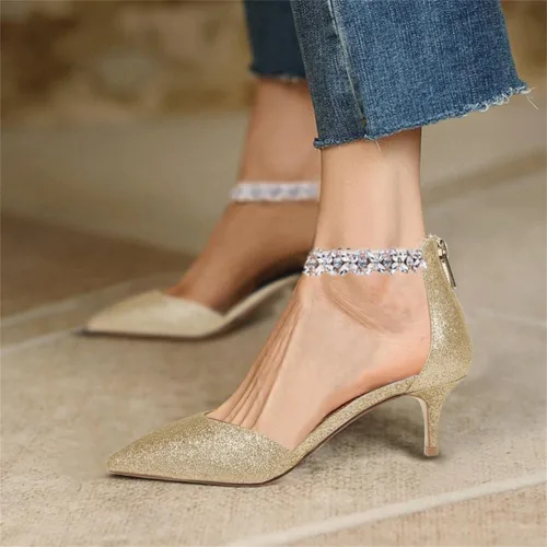 Vista 3 de Guayonng Zapatos de tacón bajo con diamantes de imitación de boda para mujer, zapatos de noche para novia nupcial