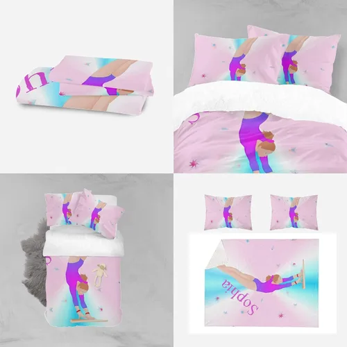 Vista 4 de Juego de ropa de cama personalizada de 3 piezas para niñas con mosca de gimnasia, tamaño individual, funda de edredón personalizada con nombre