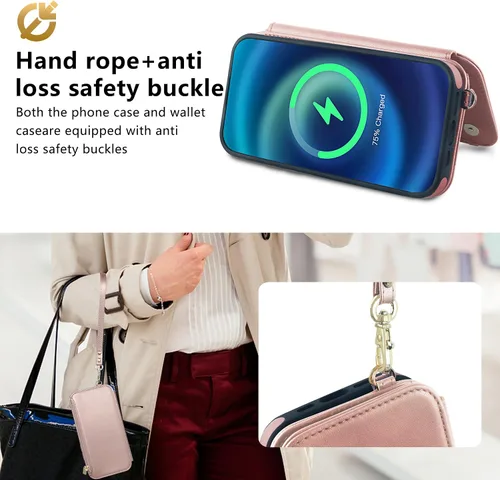 Vista 6 de Funda con cremallera para iPhone 15 Pro, 2 en 1, magnética, desmontable, protección para tarjetas RFID, 6 ranuras para tarjetas, bolsillo