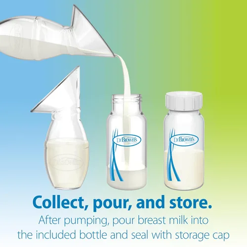 Vista 5 de Dr. Brown's Extractor de leche de una pieza de silicona 100% silicona, colector de leche materna manos libres con opciones anticólicos + biberón