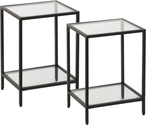 Vista 9 de Gawicpy Moderna mesa auxiliar de vidrio templado de 2 niveles, elegante mesa auxiliar de metal negro para espacios pequeños, perfecta para sala
