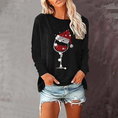 Vista 2 de Sudaderas tipo babydoll para mujer, suéteres de Navidad, estilo casual, con estampado de copa de vino con purpurina
