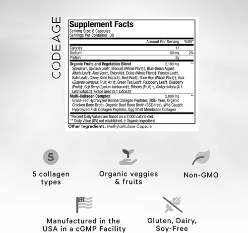 Vista 2 de Codeage Proteína de colágeno múltiple + suplemento de cápsulas orgánicas de superalimentos de verduras crudas, 21 frutas y verduras, péptidos