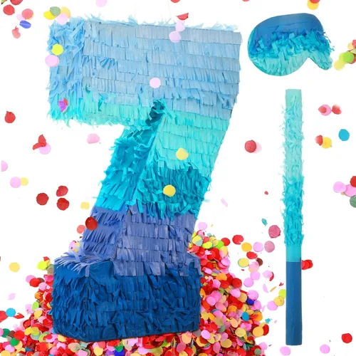 Vista 11 de Sratte Piñata Número 1 2 3 4 5 6 7 8 9 con Palo, Venda para los Ojos, Confeti, Piñata Azul Degradado para Niños y Niñas Fiestas de Cumpleaños