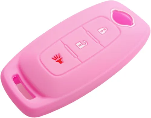 Vista 4 de Funda de silicona para llavero sin llave, compatible con Nissan Pathfinder Rogue 2023 2024 - 3 botones (negro + rosa)