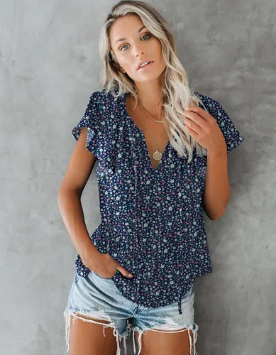 Vista 2 de SimpleFun Blusa de verano de manga corta con cuello en V floral para mujer