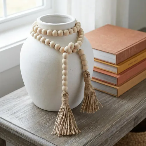 Vista 5 de Cuentas estilo granja, guirnalda de cuentas de madera de 58 pulgadas con borlas, decoración rústica de campo, cuentas bohemias de oración
