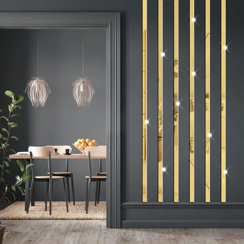 Vista 2 de Pegatinas de Pared de Espejo de Rayas Pegatinas de Espejo Acrílico Doradas Decoración de Pared Tira de Espejo Larga Pelar y Pegar Calcomanías